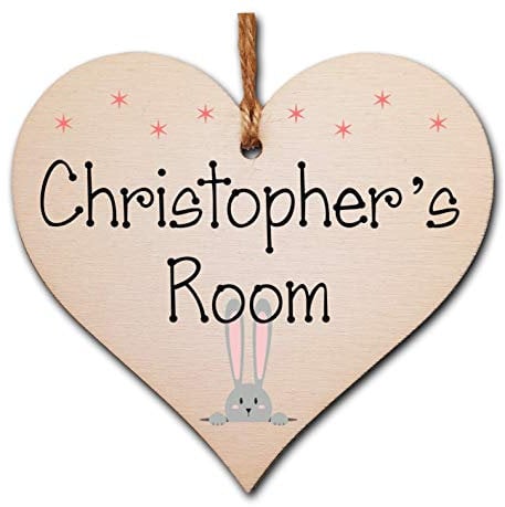 The Plum Penguin Personalised Handmade Wooden Hanging Heart Plaque Gift Cute Bunny Name Room Door Handle Hanger Nursery Wall Decoration Baby Child Room