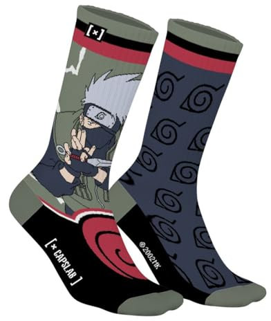 Capslab Naruto Socken Kakashi – Offiziell lizenzierte Anime-Socken für Herren und Damen – Bequeme Baumwollsocken mit Kakashi Hatake & Konoha-Symbol - 43-46
