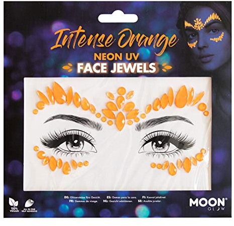 Moon Glow Neon-UV-Gesichtsjuwelen, Festival-Gesichts-Körper-Edelsteine, Kristall-Make-up-Augen-Glitzeraufkleber, temporäre Tattoo-Juwelen (intensiv) (Orange, 1 Stück)