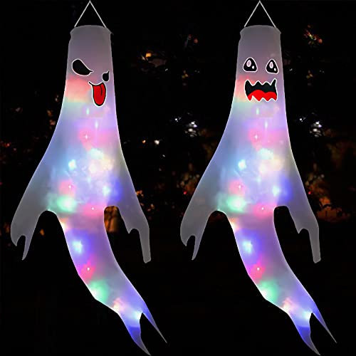 MAISITOO Halloween Geist Windsäcke Mit LED Lichtern - 2 Stück Niedlich Fliegend für Garten Dekorationen, Hof, Outdoor Decor, Party Supplies - 50x120cm Weiß
