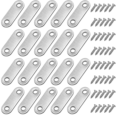 Equerre de Fixation Plats Droits Support en Droit Plat Metalliques Equerres avec Vis pour Bois Meubles Placard Réparation Support 46*16mm Argent 20 Pièces
