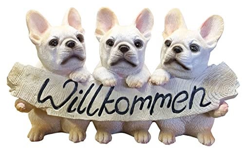 Fachhandel Plus Willkommen Schild DREI Bulldoggen Dekofigur Indoor Outdoor Gartendeko Tierfigur