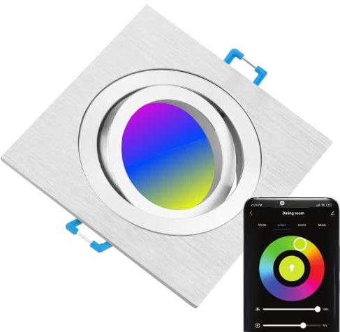 TEVEA Premium Dimmbar RGBW Led Einbaustrahler Schwenkbar | GU10 5W 230V austauchbar Led | Smarthome | Wifi control (Silber Gebürstet Eckig)