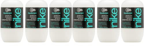 NIKE - Aromatic Addiction Pack de 6 x 50 ml, Desodorante Hombre Roll-On, Desodorante Antimanchas para Piel Sensible, 0% Alcohol y 0% Sales de Aluminio, Larga Duración, Fragancia Amaderada Especiada