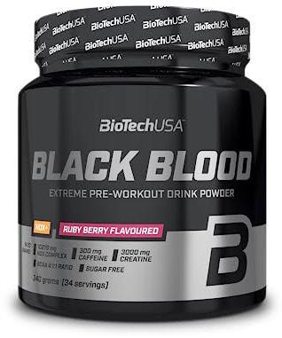 BioTechUSA Black Blood NOX+ | Pre-Workout-Formel | mit Koffein, Kreatin, Tyrosin | Zuckerfrei | 340 g | Ruby Berry