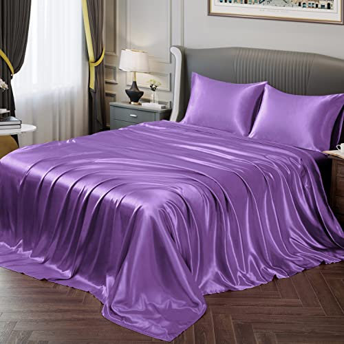 Vonty Satin-Bettlaken für Doppelbett, seidig weiches Satin, Violett, 1 Spannbetttuch mit tiefer Tasche, 1 Bettlaken + 1 Kissenbezug