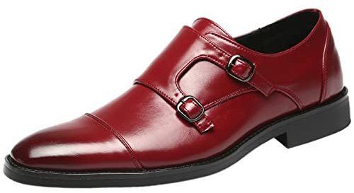 ANUFER Gentleman Schlau Zehenkappe Formell Doppelschnalle Mönch-Kleid-Schuhe Burgund SN070533 EU43