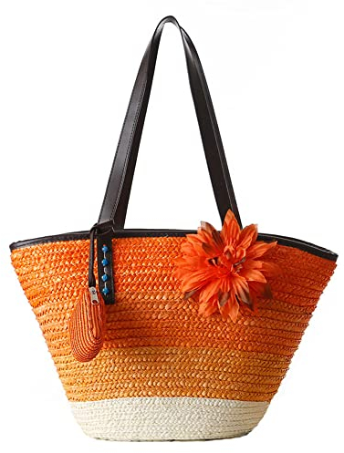 Hixingo Paille Tissé Sac À la Main, Sac de plage d'été en Paille Décontracté pour Femmes en Creux avec Bandoulière Tissée Sac Bandoulière Mode Sac Bandoulière Boho (45x30x27cm,orange)