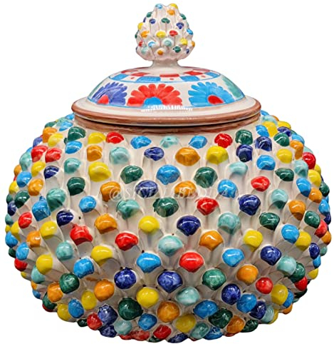 sicilia bedda - BISCOTTIERA PIGNA IN CERAMICA DI CALTAGIRONE - Realizzata interamente a Mano (Diametro 25 Centimetri - Multicolore)