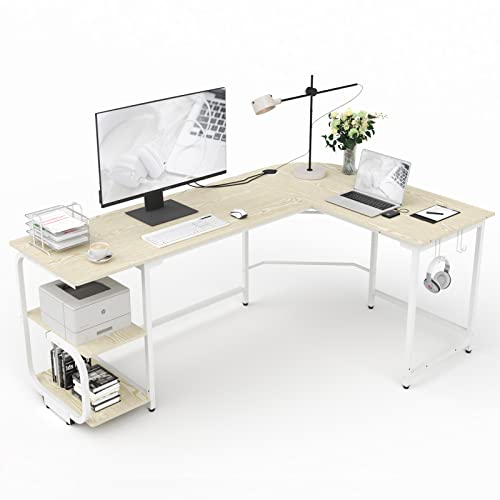 Ulifance Computertisch 128 * 129cm Eckschreibtisch für das Heimbüro, Umkehrbarer L-förmiger Schreibtisch mit Regalen, Kopfhörerhaken Gaming Schreibtisch Laptop PC Tisch Beige
