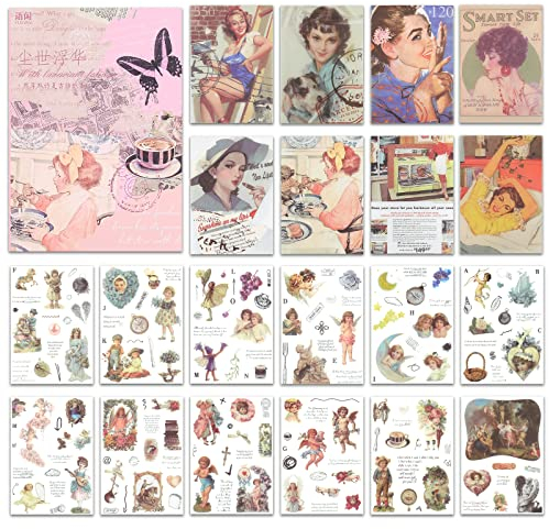 NOGAMOGA Vintage Journaling Aufkleber, Scrapbooking-Zubehör, Junk Journal Album Sticker, Satz mit 20 Blättern, 15,0 cm × 10,5 cm - Rosa (Retro Mädchen)