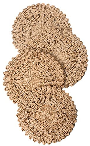 Laquedecraft 13.8 Round Corn Husk Placemats Set of 4 | Boho Rattan Woven Table Mats | Farmhouse Spring Plate Chargers Like Water Hyacinth, Seagrass for Wedding, Party, Christmas, Events