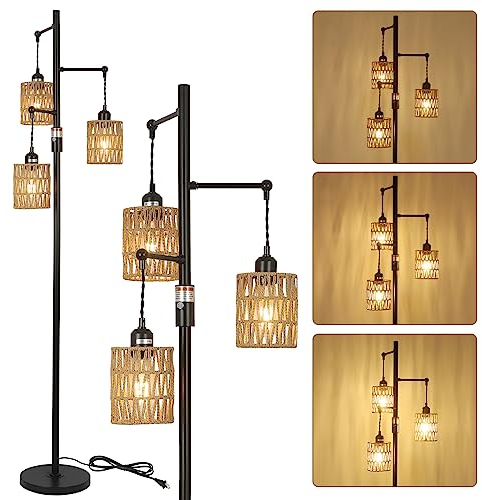 Rayofly Dimmbar Stehlampe Wohnzimmer, Vintage Stehlampe mit Rattan Lampenschirm, 3-flammige Boho Rattan Stehleuchte mit Dimmer, Industrial Stehlampe für Schlafzimmer Kinderzimmer Büro, Höhe 165cm