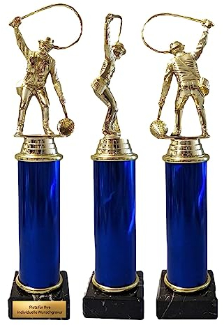 eberin · Angeln Pokal · Angler mit Fangkorb Gold auf Säule Blau/Marmor schwarz · Angel Auszeichnung mit Wunschtext · Angelverein Wanderpokal ·