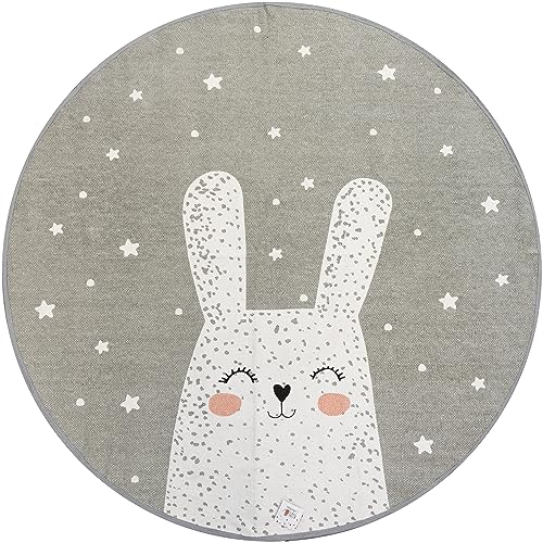 Primaflor - Ideen in Textil Moderner Kinderteppich Wonderland - Hase, Rund Durchmesser 120 cm, 100% Baumwolle Spielmatte Grau-Weiß, Runder Teppich für Kinder- und Spielzimmer