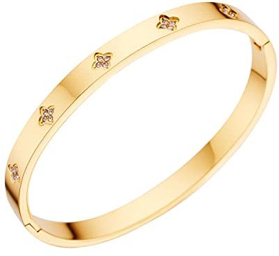 Stainless Steel 18K Gold Plated Cubic Zircons Clover Bangle for Women Girls Jewelry Gift Width 6mm Gold Silvery Rose Gold Color (Golden)