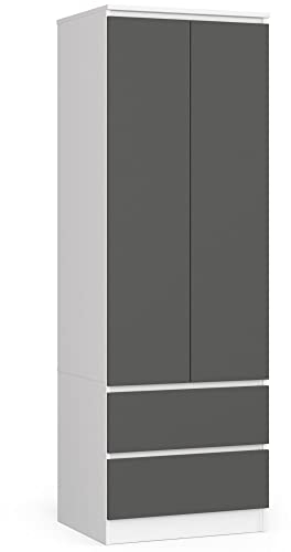 AKORD Kleiderschrank Star S | Zweitürig S 60 cm | 2 Schubladen mit Regalen und Einer Kleiderstange | für Kleiderschränke Schlafzimmer | laminierte Platte 16 mm | Farbe Weiß/Graphitgrau