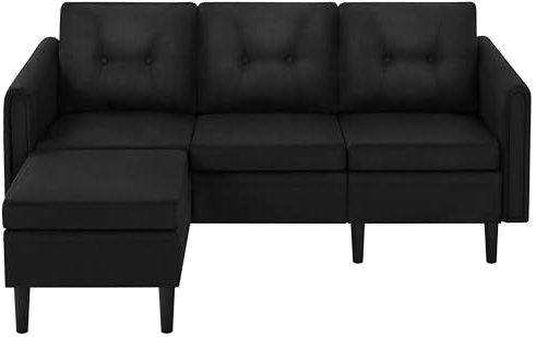 costoffs 3-Seater Sofa with Ottoman Footstool Versatile L-shaped Chaise Lounge Sofa Fabric Upholstered Corner Sofa for Living Room Black