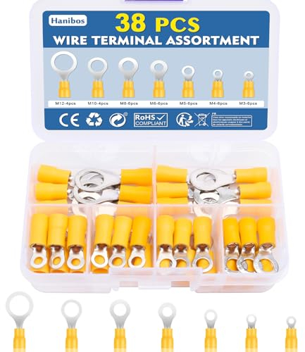 Hanibos 38 Pcs Yellow Ring Terminals 4-6mm² Ring Crimps Terminals Connectors M3 M4 M5 M6 M8 M10 M12 Insulated Ring Terminals Crimps Connectors 12-10AWG