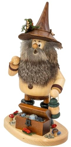 Drechselwerkstatt Uhlig DWU | Erzgebirgisches Räuchermännchen Räuchermann | Weihnachtsdekoration Handwerkskunst | Waldwichtel 25 cm | Erzträger mit Schatzkiste