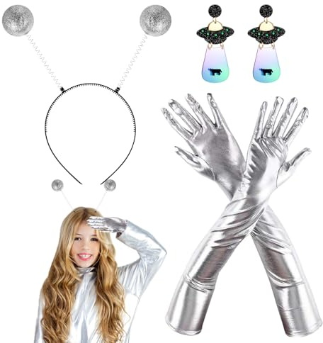 TZQFROCE Alien Kostüm Set Alien Kostüm Zubehör Alien Kostüm Damen Alien Stirnband Alien Ohrringe Alien Handschuhe für Damen Verkleidung Erwachsene Alien Cosplay