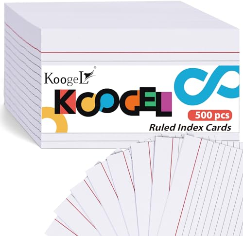 Koogel Karteikarten, liniert, 12,7 x 7,6 cm, liniert, Notizkarten, Lernkarten für Studium, Schule, Büro, Weiß, 500 Stück