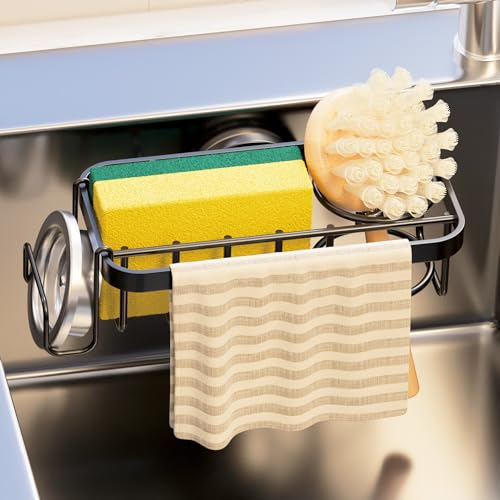 TAILI 4 in 1 Sponge Holder Black with Suction Cup Anti Rust Dish Sponge Holder for kitchen sink caddy in kitchen Organize Brush,Dishcloth,stopper,reusable,Keep Sink Tidy