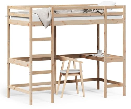Homgoday Hochbett mit Schreibtisch, Bettgestell Etagenbett Stockbett Jugendhochbett, ohne Matratze 90x190 cm Massivholz Kiefer