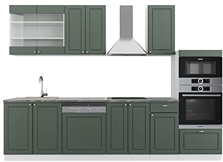 Vicco Küchenzeile Fame-Line, Grün-Gold Landhaus/Weiß, 300 cm mit Hochschrank, AP Anthrazit