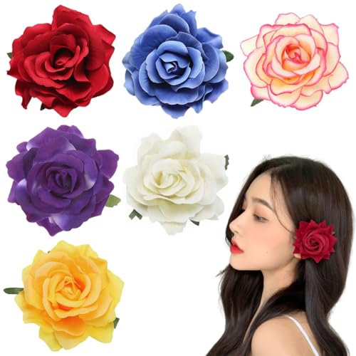 SamHeng Rose Flower Hair Clips, 6 Pcs Fabric Flower Brooch for Bridal Hairpins, Flamenco Dancer Flower Hair Barrettes Bohemia Girls Boutique Headdress Hair Accessories for Wedding Beach Daily Use