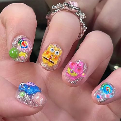 24pcs Press on Nails - Short False Nails - Glitter Clear Base with 3D Cartoon Pattern False Nails with Glue - Glossy Full Cover Press on Nails Long Lasting DIY Manicure