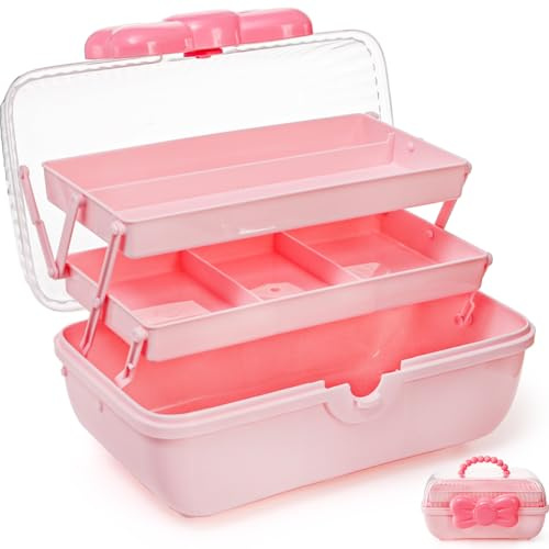 Noamus 11 Three-Layer Multipurpose Storage Box, Clear Plastic Art Craft Organizer, Portable First Aids Case with Handle Trays for Kids, Sewing Makeup Nail Hair Accessories, Home School Office(Pink)