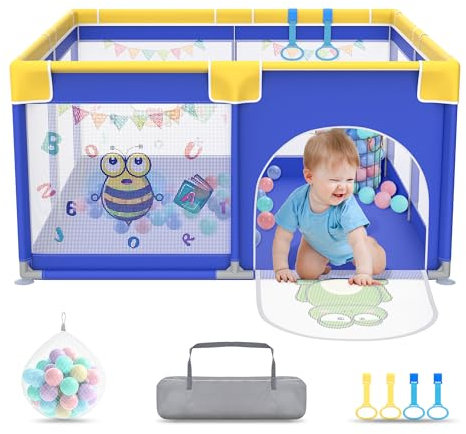 UISEBRT Laufstall Baby 127x127cmLaufgitter für Baby mit 50 Ocean Bällen & 4 Zugringen & Tragetasche, Faltbar Laufgitterzelt mit Atmungsaktivem Netz für Kinder, Blau mit Tiermotiven