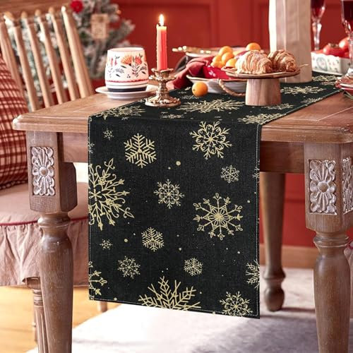 Tischläufer Weihnachten 40 x 140 cm Schwarz mit Schneeflocken Gold Tischläufer Modern Leinen Waschbar Weihnachtstischdecke Küche Tisch Dekoration Drinnen Draußen Urlaub Party Wohnzimmer Dekor