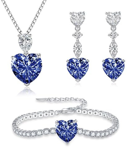 Glintara Silber Schmucksets für Damen, Herz Halskette Ohrringe Armband Set mit Saphir Zirkonia, 3 Stück Anhänger mit 45cm Kette & Ohrhänger & Armkette, 925 Sterling Silber Schmuck Set für Mädchen