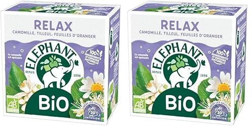 Elephant, Infusion Bio Relax, Goût Camomille, Tilleuil et Fleur d'Oranger, Bien-Etre et Relaxation, Ingrédients d'Origine 100% Naturelle, 20 Sachets Pyramid (Lot de 2)