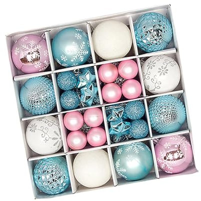 Folpus 44-teiliges Sortiment an Weihnachtskugeln, Christbaumschmuck und Kugeln, Blau Rosa Weiß