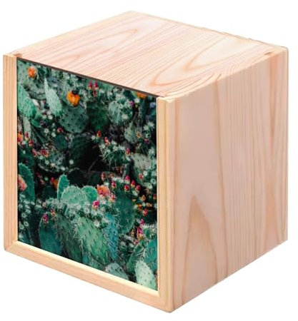 Boite en Bois Coffret - Opuntia en Fleur Cactus Raquette en Fleur (10 x 10 x 10 cm)