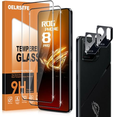 Oelrstfe 2x Protector Pantalla para Asus ROG Phone 8 Pro 5G con 2x Protector Camara, Dureza 9H, HD Clara, Anti Arañazos, Sin Burbujas,Ultra Resistente Cristal Templado para ROG Phone 8 Pro 5G 6,78