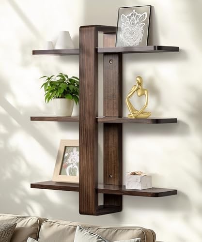 SUMGAR Etagere Murale en Bois, Coloris Noyer, Grande Étagère Flottante à 3 Niveaux, Étagère Murale Décorative en Bois Massif avec Tablettes Amovibles, 50x58 cm, pour Salon et Chambre