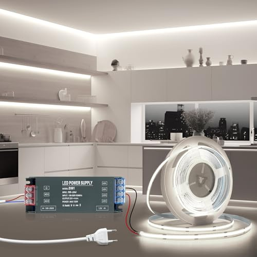 BRIMETI LED Streifen Strip 5M COB Selbstklebend 24V Weiß Flexibel 8mm Breite Band Vitrinenbeleuchtung LED Licht DIY Leiste 320LEDs/M 6000K, mit Trafo 24V 100W und 1 Meter Stecker Netzkabel
