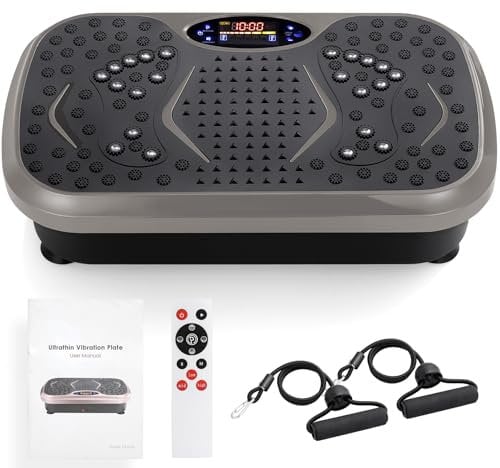 TLGREEN Vibrationsplatte 99 Stufen 5 Trainingsprogramme, Kompaktes Design, Leiser Motor, Trainingsbänder, rutschfest, Fitness Vibrationsboard für Zuhause, Fettverbrennung & Muskelaufbau, Grey