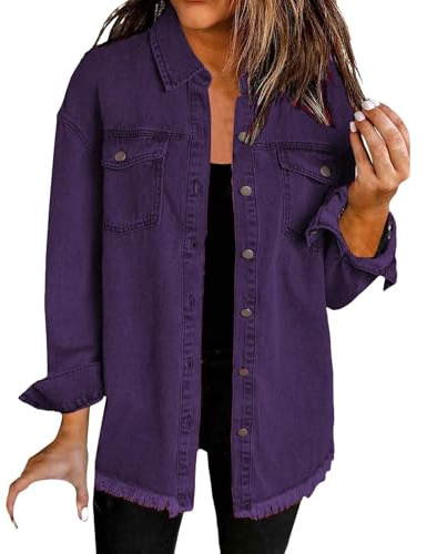 Uwdiohq Veste en Jean Femme, Veste en Jean Denim Unie pour Femme Surdimensionnée Boutonnée, Ourlet Effiloché, Manches Longues avec Poches