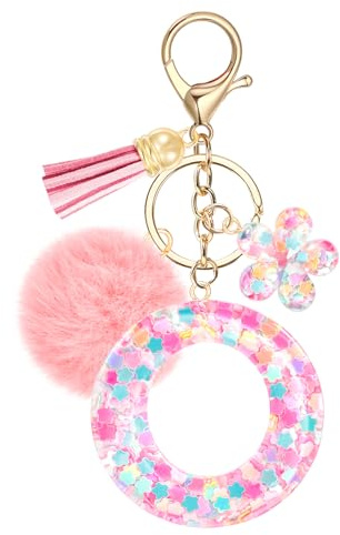 JSRQT Porte-clés Rose avec Initiale O pour Femmes Filles, Nom Porte-clés en Résine Lettres Alphabet à Paillettes et Fleurs, Pompons Pendentifs Bijou de Sac Keychain pour Sac à Main et Sac à Dos