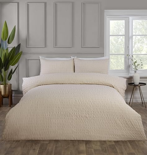 Rapport Home Seersucker Duvet Cover Set, Soft Easy Care Cream Single 3 Piece Bedding Set