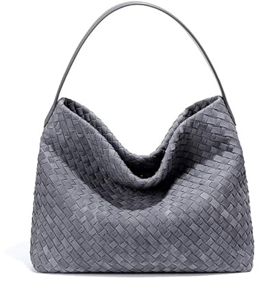 Damen Woven Suede Tote Bag Slouchy Shoulder Bags Trendy Crescent Satchel Purse 2025, GRAU, Medium