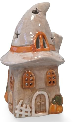 Teelichthaus Herbst Dekohaus mit Kürbis und Kamin 18 cm hoch – Herbstdeko Hexenhaus mit Öffnung hinten – Logbuch-Verlag