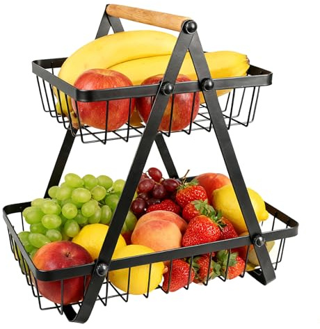 SCOAGE 2-Tier Detachable Metal Fruit Basket with Wooden Handle