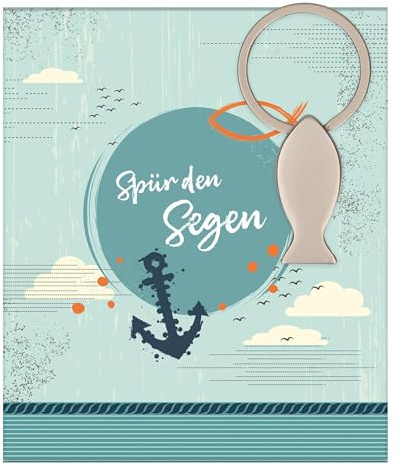 Fisch-Schlüsselanhänger aus silberfarbenem Metall: geliefert in ansprechenden Geschenkverpackung in Blau mit Segenswunsch, 3,5 x 7,3 cm, christliches Geschenk für Mädchen & Jungen