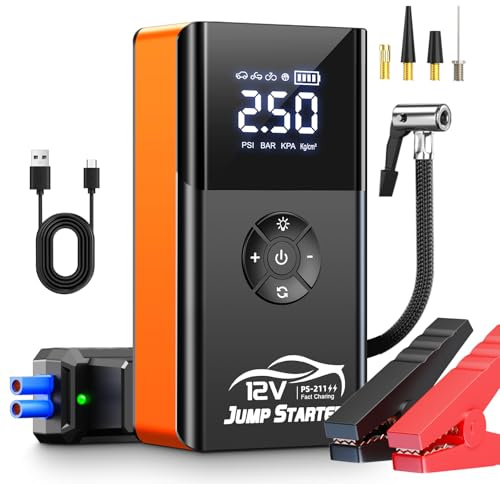 PSOOO 8000A Car Jump Starter with Air Compressor 180PSI, 12V Smart Clamps, LED Flashlight, Portable Battery Booster for All Petrol/Diesel Vehicles (Orange)